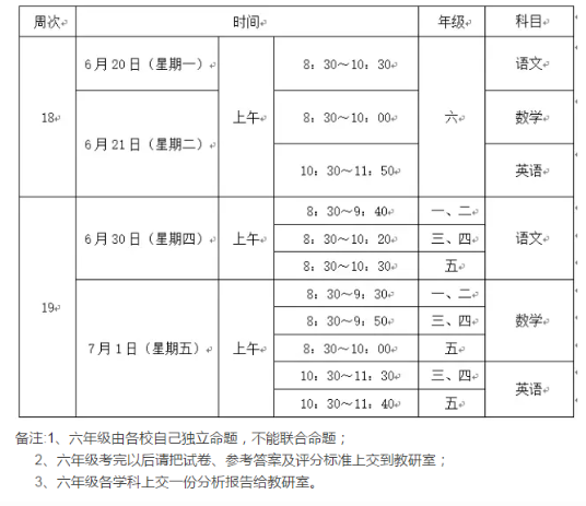 2016年广州天河区小学期末考试时间安排表1