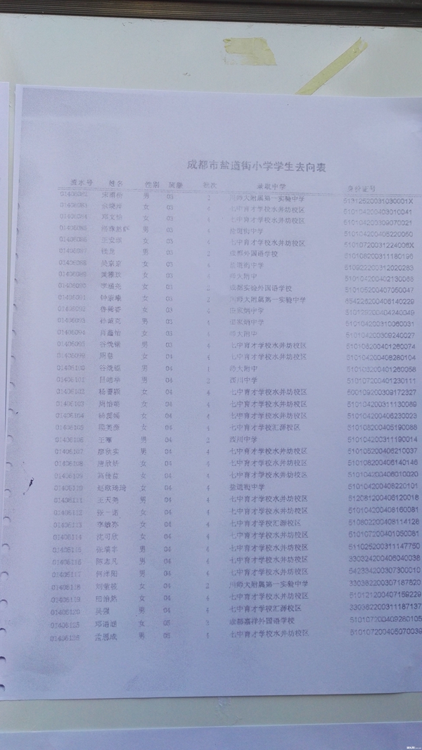 成都盐道街小学2016小升初划片派位去向名单2