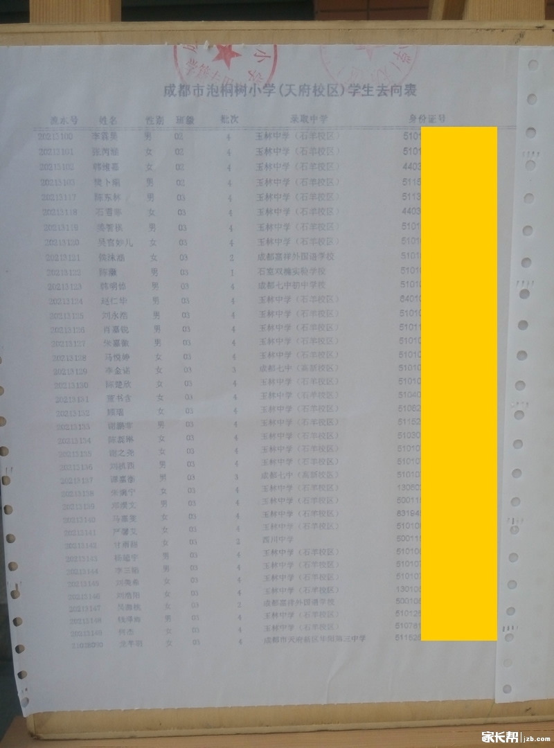 成都泡桐树小学2016小升初划片派位去向名单3