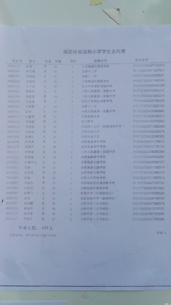 成都盐道街小学2016小升初划片派位去向名单4