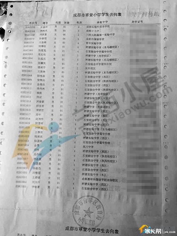 成都草堂小学2016小升初划片派位去向名单2