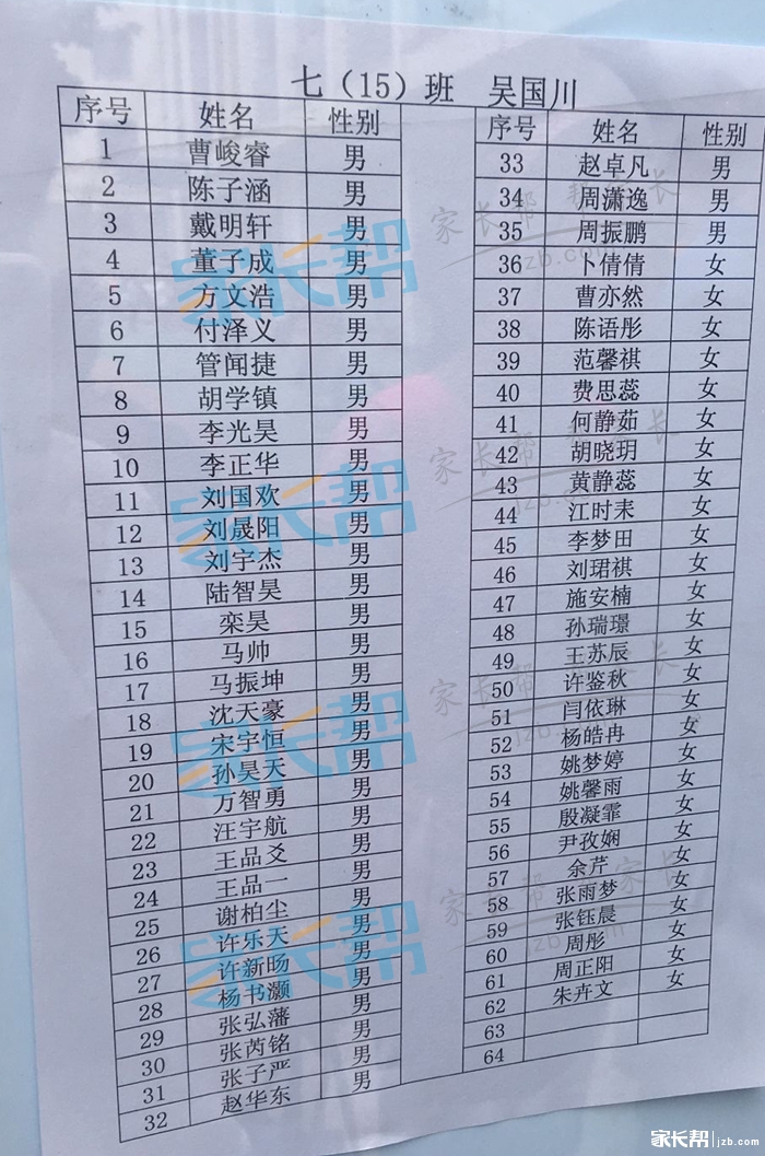 2016年合肥四十五中本部新初一分班名单30