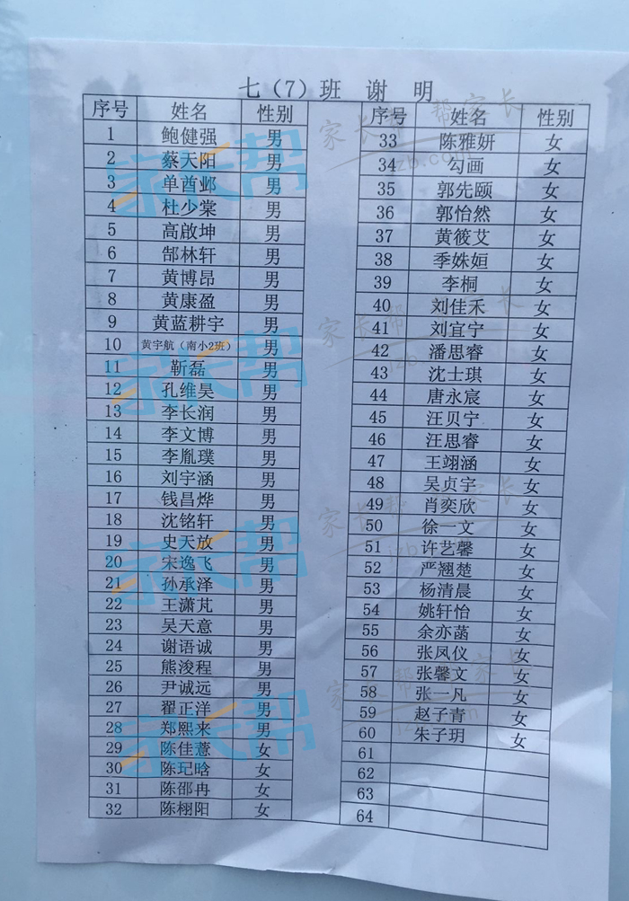 2016年合肥四十五中本部新初一分班名单14