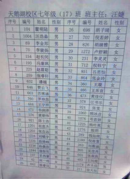 2016年合肥五十中天鹅湖新初一分班名单17