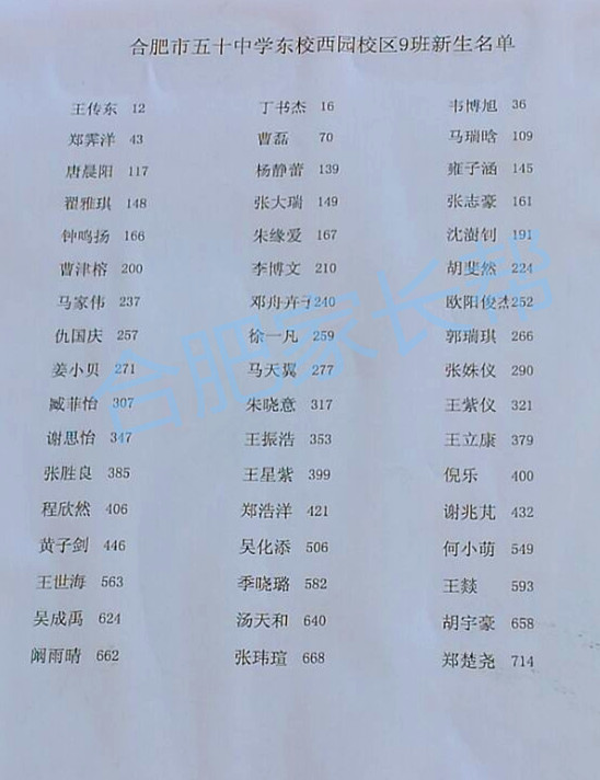 2016年合肥五十中东校西园新初一分班名单9