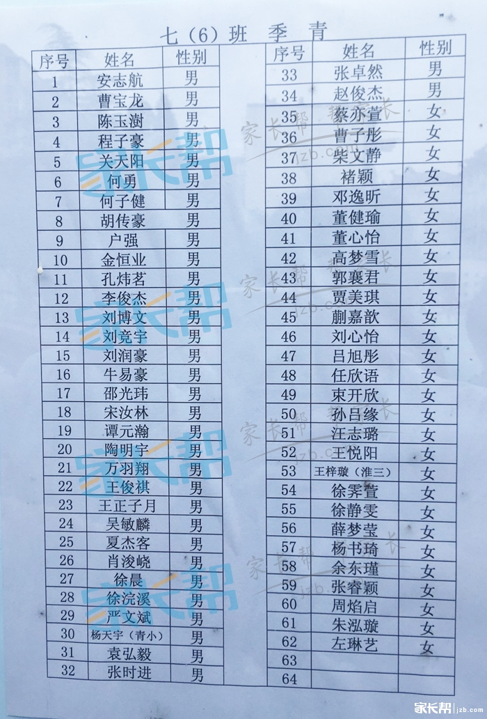 2016年合肥四十五中本部新初一分班名单12