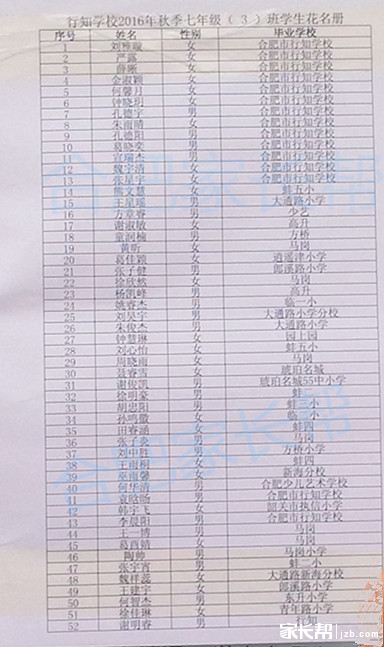 2016年合肥行知学校新初一分班名单11