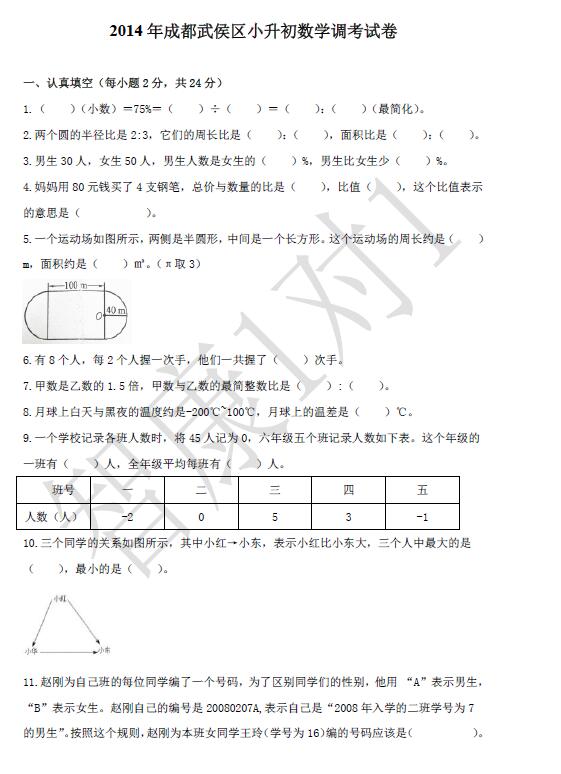 成都武侯区六年级调考数学试卷1