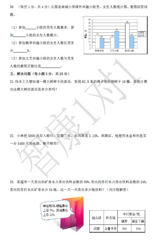 成都金牛区六年级调考数学试卷5