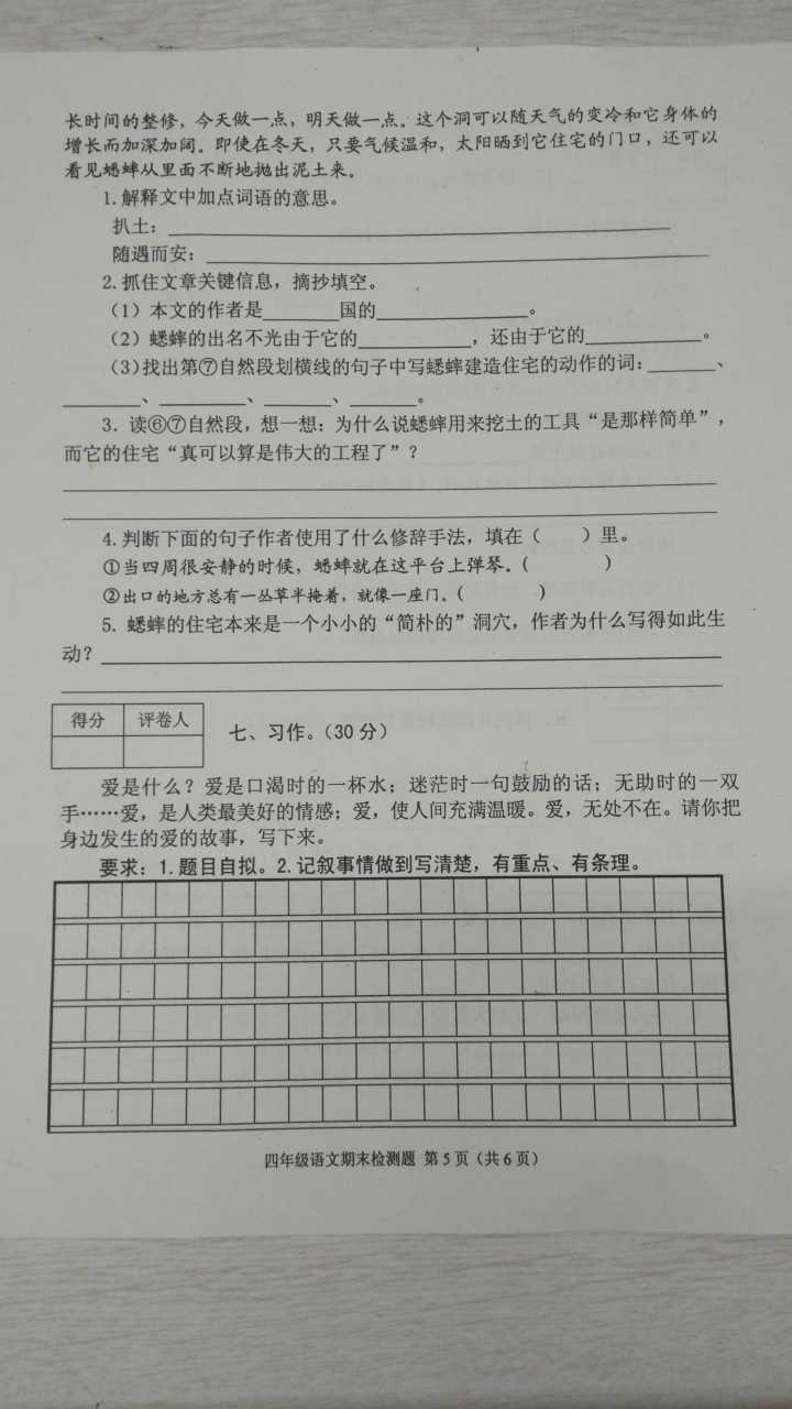 2017成都青羊区四年级语文期末试卷5