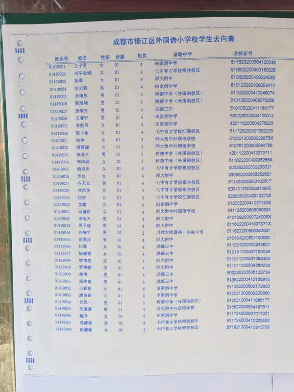 2017年成都锦江外国语小学随机派位去向名单1