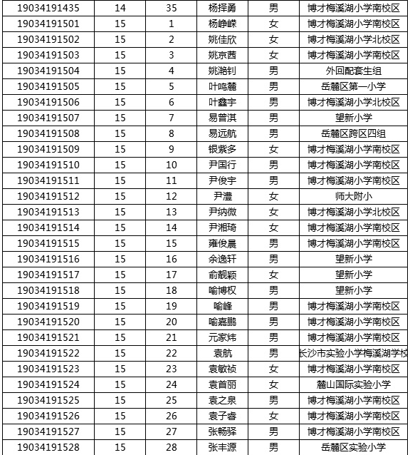 2019年湖南师大附中梅溪湖中学初中新生分班考试名单18