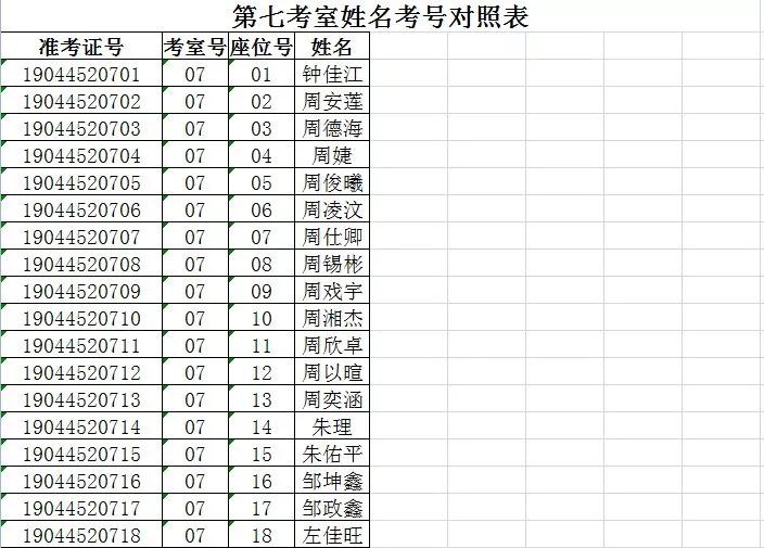 长沙清水塘实验学校2019年初新分班考试考室座位对照8