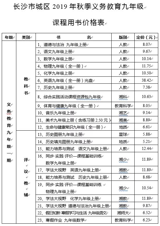 2019年长沙九年级秋季教材版本一览1